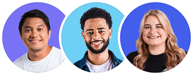 A group of 3 designers individually presented in circles like an avatar; two men and a woman, smiling at the camera. 